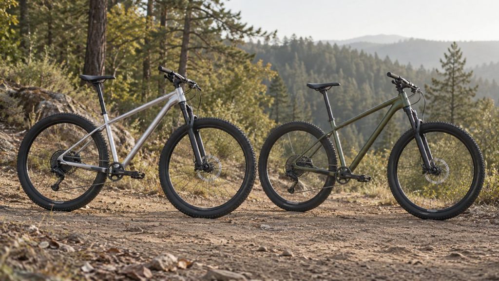 Two unbranded hardtail mountain bikes side by side on a dirt trail