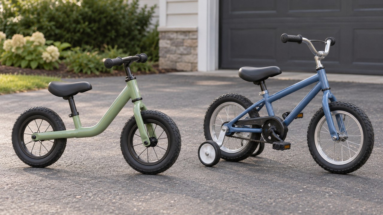 A balance bike next to a small pedal bike with training wheels