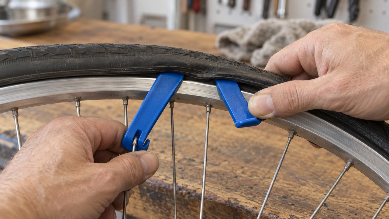 Two plastic tire levers hooked under a tire bead a few centimeters apart, one clipped to a spoke