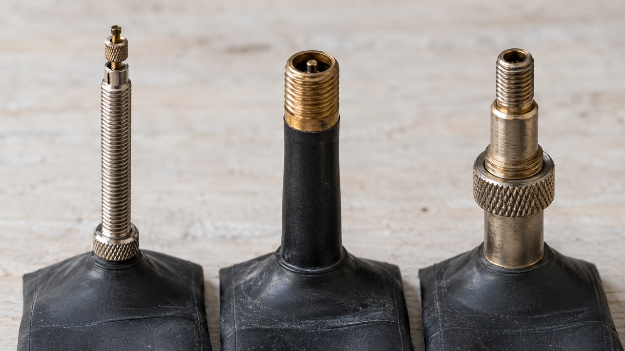 Presta, Schrader and Dunlop bike valves side by side on inner-tube stubs
